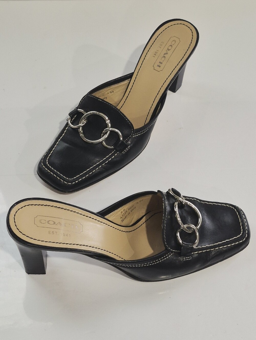 Coach Jacie Vintage Black Leather Ring-Detail Mule Heels Size 8B